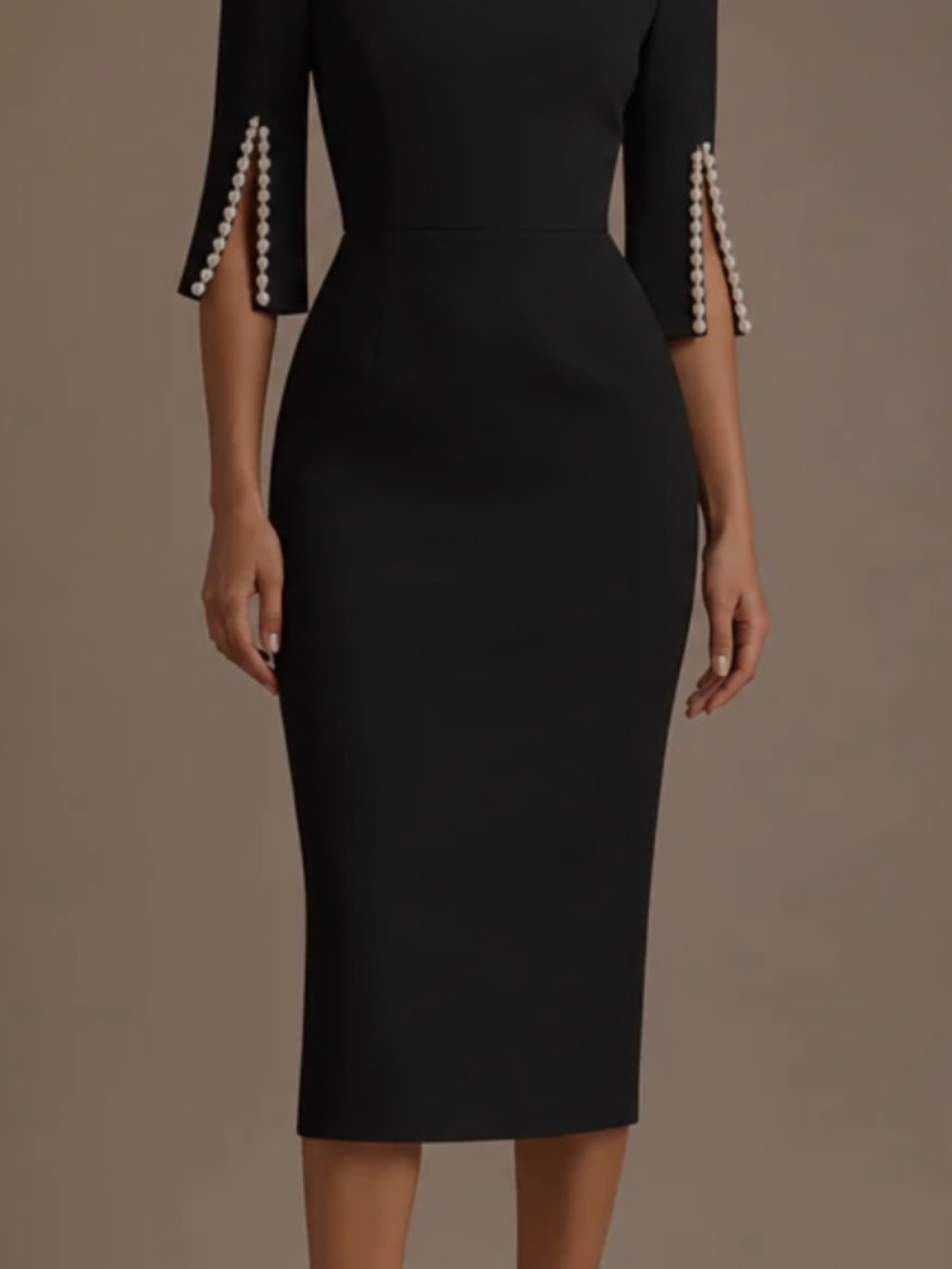 Elegant Black Midi Sheath Dress with Pearl-Slit Sleeves